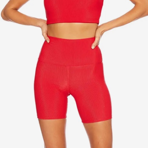 Beach Riot red high rise ribbed mesh panel bike shorts size large - Picture 1 of 9